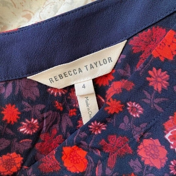 Rebecca Taylor Red & Black Floral Silk Peplum Top - Picture 4 of 7
